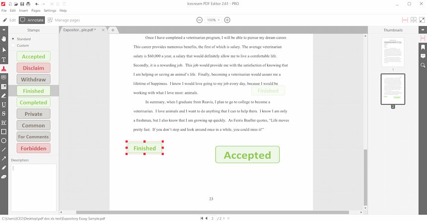 Скриншот Icecream PDF Editor с выбором штампа